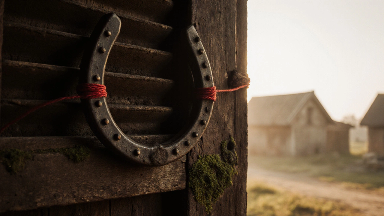 Подкова над деревянной дверью в старом доме, обвязанная красной нитью.