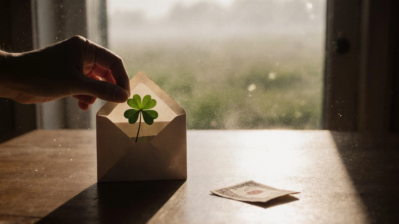 Высушенный четырехлистный клевер в бумажном конверте рядом с купюрой.